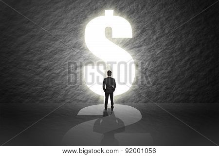 Businessman in suit stand and looking aim the door dollar sign.