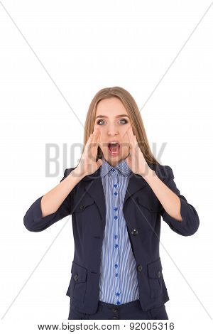 Girl In A Business Suit On A White Background. Serious Girl Put Her Hands Near Lips And Screams