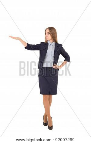 Businesswoman Showing Size. Beautiful Young Businesswoman In Suit Showing Large Size And Smiling