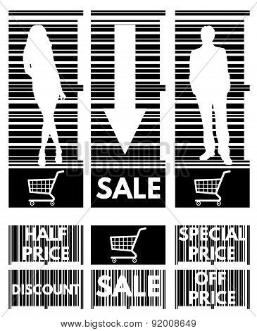 Set Of Labels For The Stock Sales On The Background Of The Bar Code.