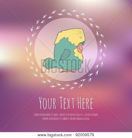 Hand drawn vector cartoon bird on blurred background. Greeteng or invitation card with place for you