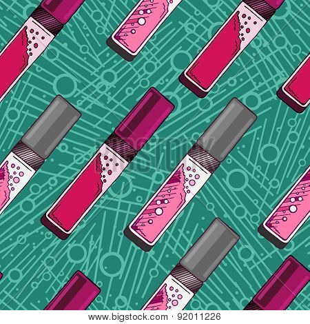 Vector Hand Drawn Lip Gloss Seamless Pattern. Pink And Turquoise Color.