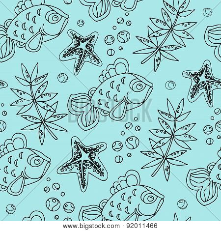 Hand Drawn Seamless Fish Pattern With Starfish, Bubbles And Seaweed. Vector blue background.