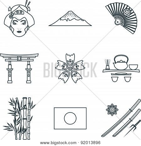 Dark Color Outline Various Japan Icons Set.