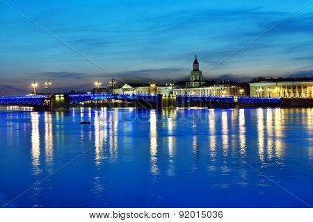 ST. PETERSBURG, RUSSIA - MARCH 18, 2015: Night view to Neva river and the Kunstkamera building. Built in 1727, Kunstkamera was the first Russian museum