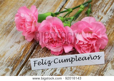 Feliz cumpleanos (which means happy birthday in Spanish) card with pink carnations on rustic surface