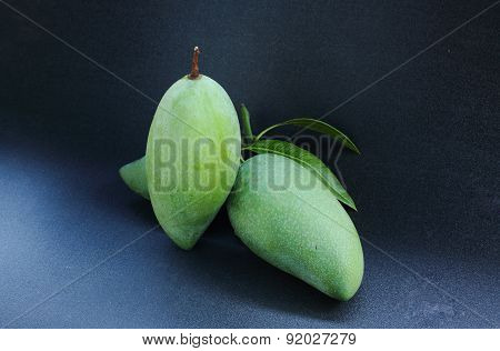 Green Mango Fruit Asia Black Background.