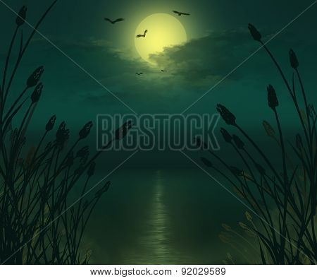 Full moon river landscape illustration.