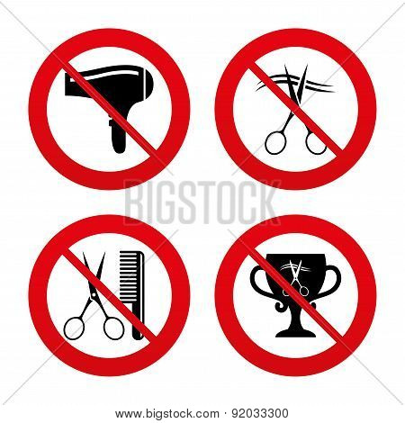 Hairdresser icons. Scissors cut hair symbol.