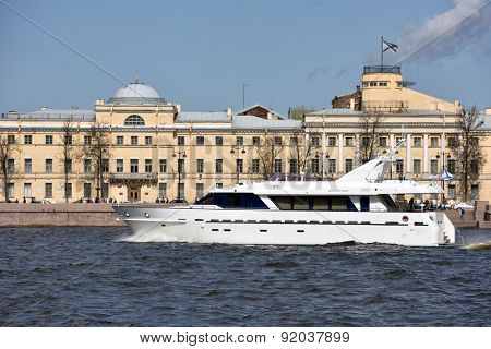 ST. PETERSBURG, RUSSIA - MAY 9, 2015: Flagship boat Burevestnik after the naval parade dedicated to the Victory Day. It was the first naval parade included in the city's Victory Day celebrations
