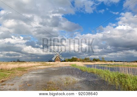 Charming Windmill Bu River And Cblue Sky With Clouds