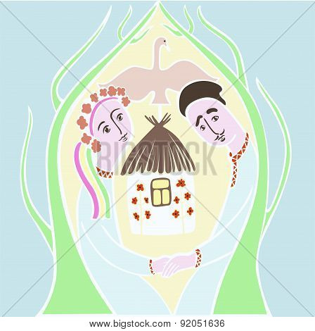 Woman and Mr. Ukrainian nationality. Standing in the garden near the house. Black silhouette on a wh