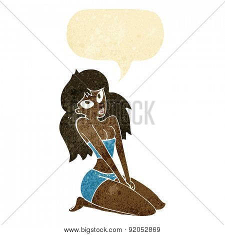 cartoon woman in skimpy clothing with speech bubble