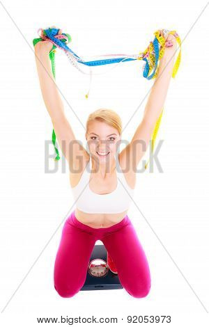 Happy Woman On Weighing Scale. Diet Weight Loss.