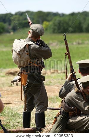 BOLIMOW, POLAND - MAY 31, 2015: Military reconstruction commemorating the hundredth anniversary of the first use of gas warfare on the battlefield at May 31, 2015 Bolimow, Poland.  