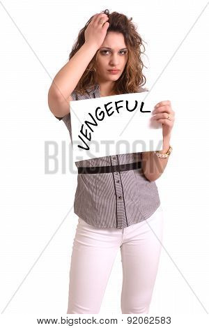 Uncomfortable Woman Holding Paper With Vengeful Text