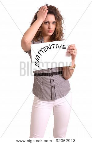 Uncomfortable Woman Holding Paper With Inattentive Text