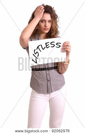 Uncomfortable Woman Holding Paper With Listless Text