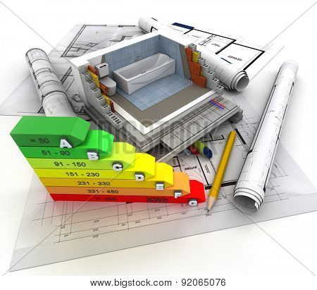 3D rendering of technical details of construction, toilet and energy efficiency chart