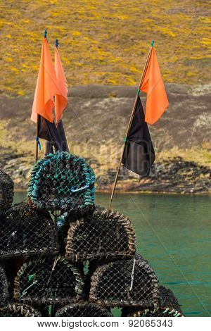 Lobster Pots Or Traps On Harbour Wall In Boscastle