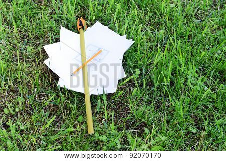 Drawings with pencil and roulette on green grass