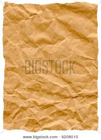 Textura de bolsa rasgado de papel arrugado viejo aislado en blanco.
