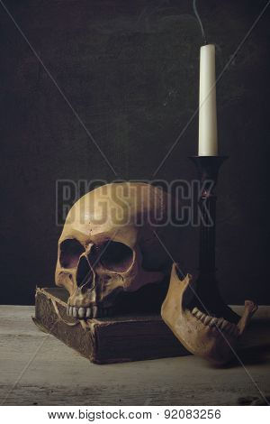 Vanitas With Skull, Book And Candle