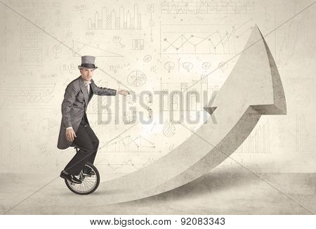 Happy business man riding a monocycle up on an arrow concept