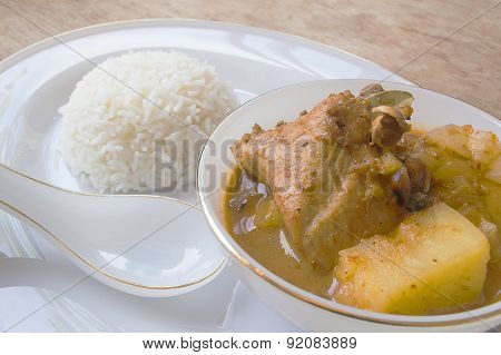 Chicken Mussaman Curry In Bowl And Rice