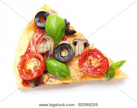 Slice of tasty pizza with vegetables and basil isolated on white