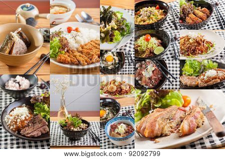 A collection of Japanese fusion food on wood table