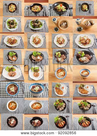 A collection of Japanese fusion food on wood table