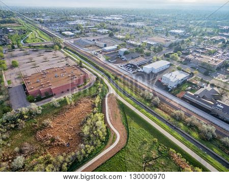 aerial view of bike trails and green areas in Fort Collins, Colorado, spring scenery