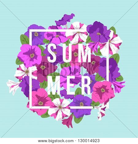 Vector summer floral background with inscription summer. The composition of bright summer lilac, purple and pink colors for design of cards, brochures, banners, flayers, on a flat surface