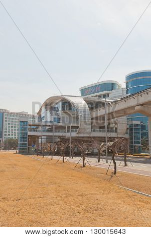 SEOUL SOUTH KOREA - MARCH 23 2016: Administration Complex Station of Maglev (magnetic levitation train) Incheon Airport line in Seoul Korea. Erected in 2016