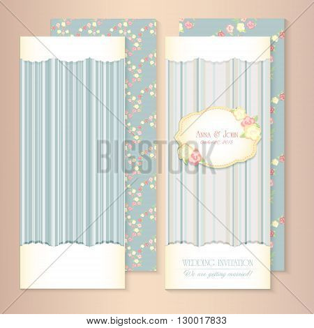 Marriage invitation card set. shabby chic wedding invitation. Vector illustration. Floral Save the Date or wedding  set. English style. golden frame with roses