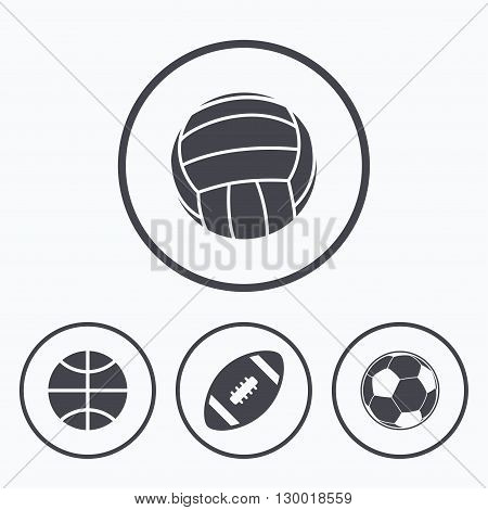 Sport balls icons. Volleyball, Basketball, Soccer and American football signs. Team sport games. Icons in circles.
