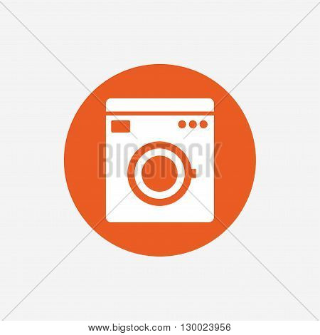 Washing machine icon. Home appliances symbol. Orange circle button with icon. Vector