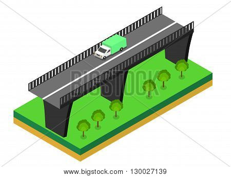 Isometric bridge. Commercial transport. Various types of load and cargo. Logistics. Flat 3d Vector isometric illustration.