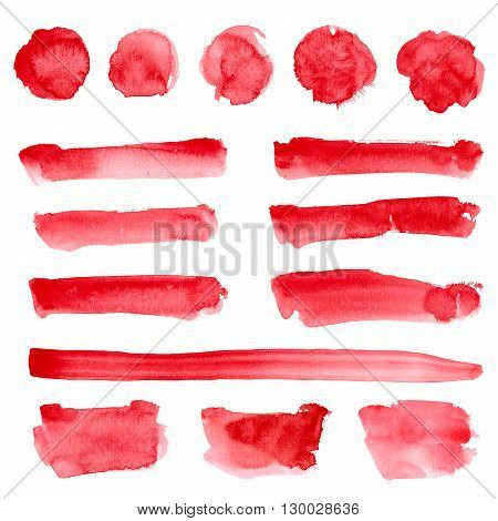 Watercolor hand drawn round stripes rectangle shapes set in bright red color isolated on white. Design elements watercolor background.