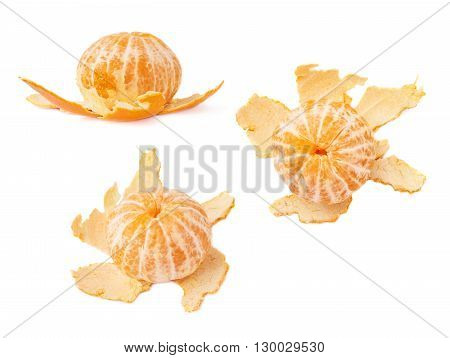 Fresh juicy peeled cleaned tangerine ripe fruit isolated over the white background set