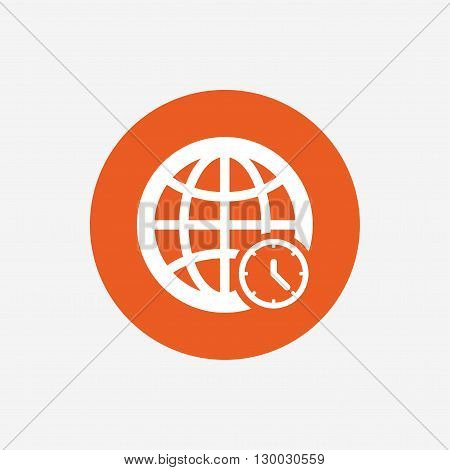 World time sign icon. Universal time globe symbol. Orange circle button with icon. Vector