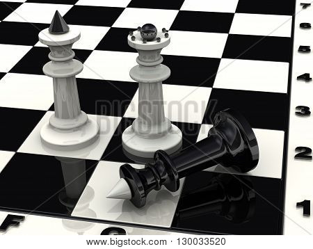 Victory. Checkmate. Chess. White chess pieces king and queen standing over defeated black king. The victory of the white pieces in a chess game. 3D Illustration