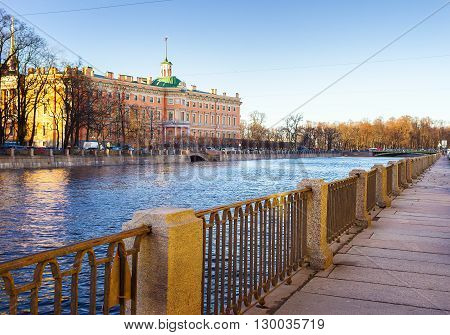 View of the Mikhailovsky Castle. Embankment of the river Fontanka. Saint Petersburg. Russia.