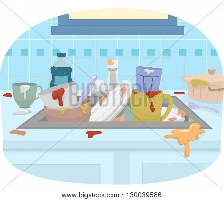 Illustration Featuring a Sink Full of Dirty Dishes