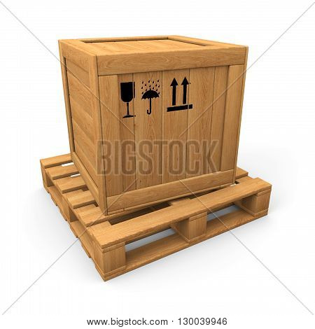 Wooden box on pallet. Packing signs print. Isolated on white.
