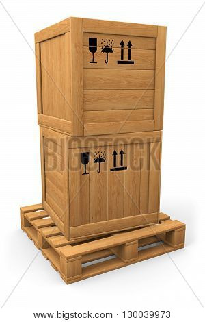 Stack of two wooden boxes on pallet. Packing signs print. Isolated on white.