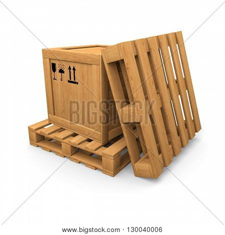 Wooden box and two pallets. Packing signs print. Isolated on white.