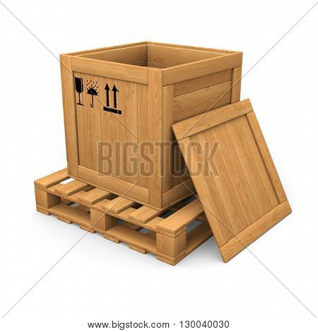 Open wooden box without lid on pallet. Packing signs print. Isolated on white.