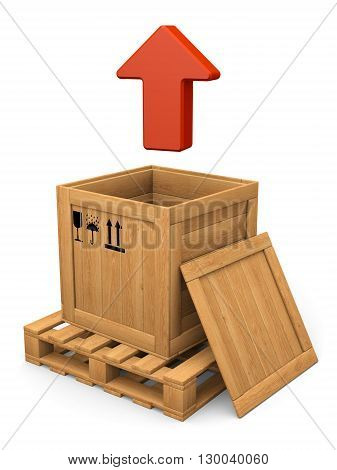 Extract concept. Open wooden box witn lid on pallet. Red arrow. Isolated on white.